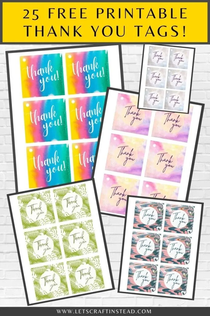 pinnable graphic about 25 free printable thank you tags including text overlay and images of some of the tags