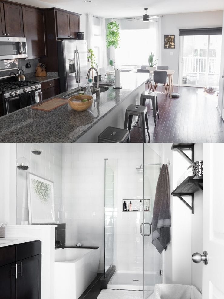 images of a clean kitchen and bathroom