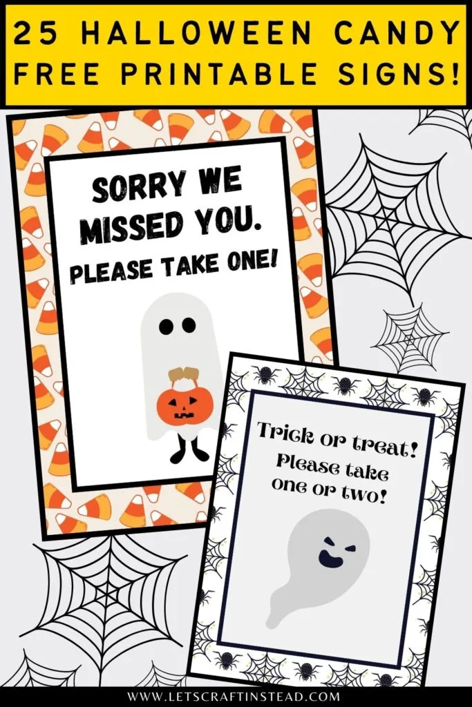 pinnable graphic with images of free printable halloween candy signs with text overlay