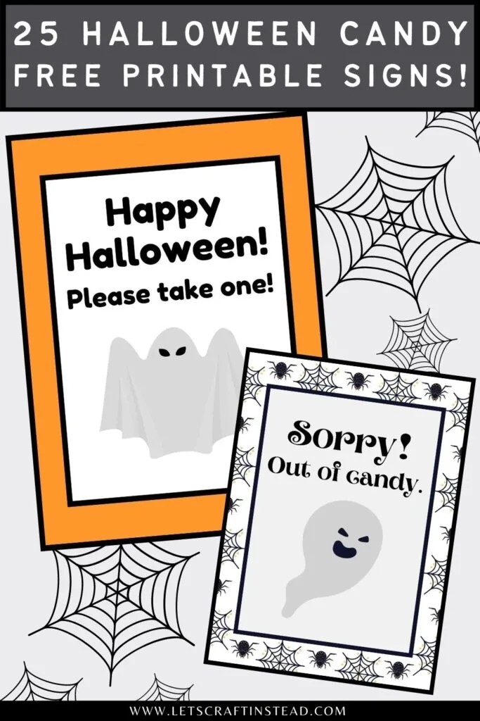 pinnable graphic with images of free printable halloween candy signs with text overlay