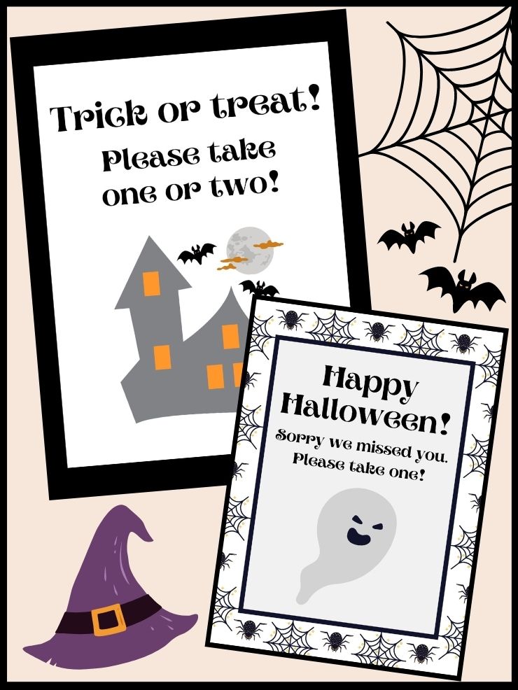 pinnable graphic with images of free printable halloween candy signs