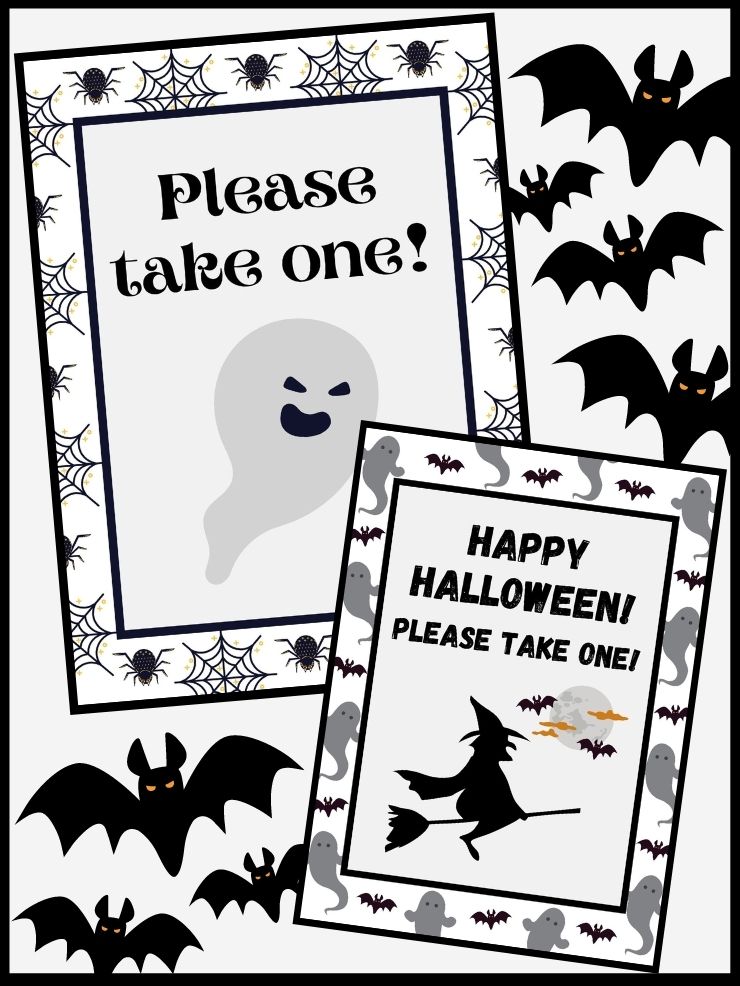 pinnable graphic with images of free printable halloween candy signs