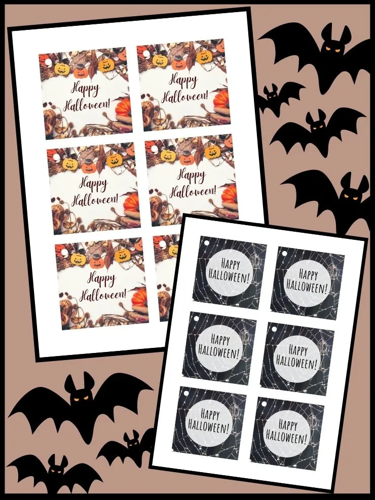 pinnable graphic with images of free printable Halloween gift tags