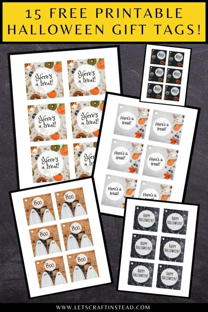 pinnable graphic with images of free printable Halloween gift tags and text overlay saying "15 free printable Halloween gift tags!"