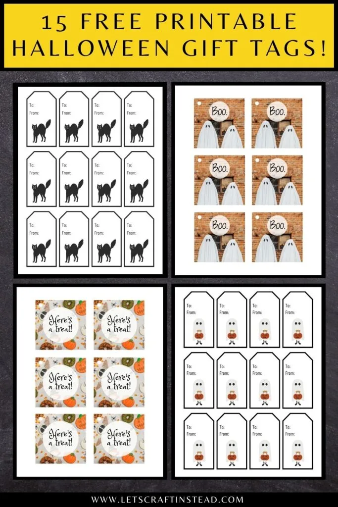 pinnable graphic with images of free printable Halloween gift tags and text overlay saying "15 free printable Halloween gift tags!"
