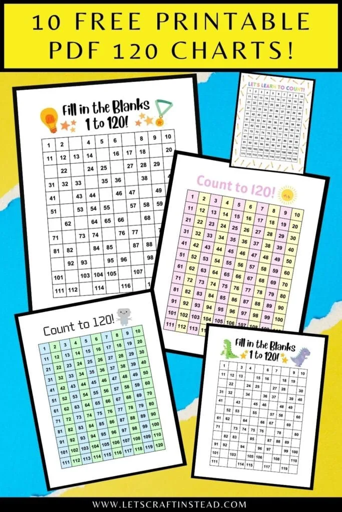 pinnable graphic about free printable 120 charts including text overlay and images of the charts