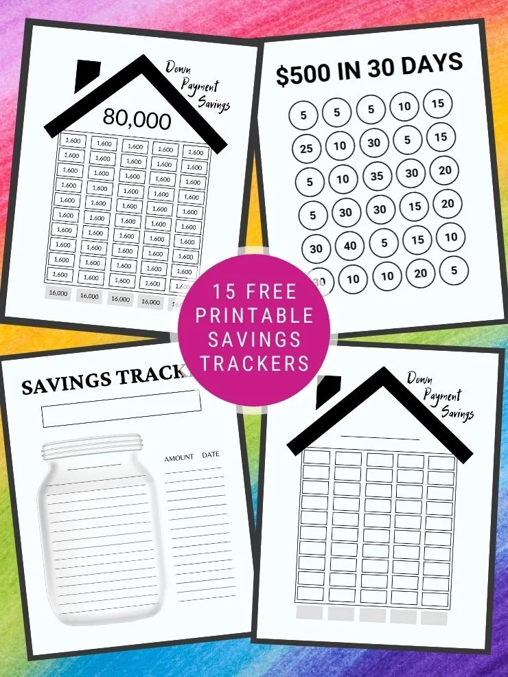 free printables savings trackers with text overlay and images of some of the trackers