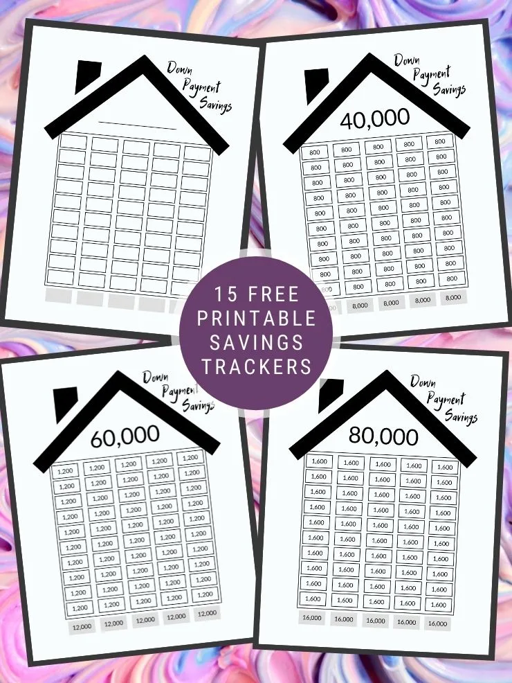 free printables savings trackers with text overlay and images of some of the trackers
