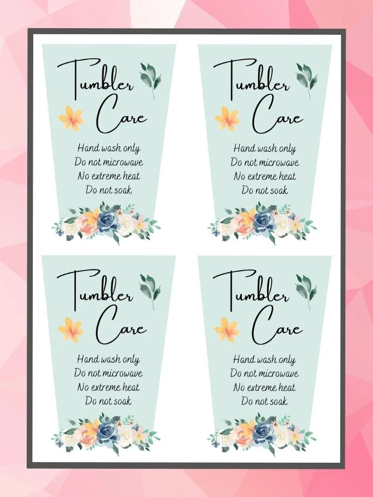 pinnable graphic with images of printable tumbler care cards