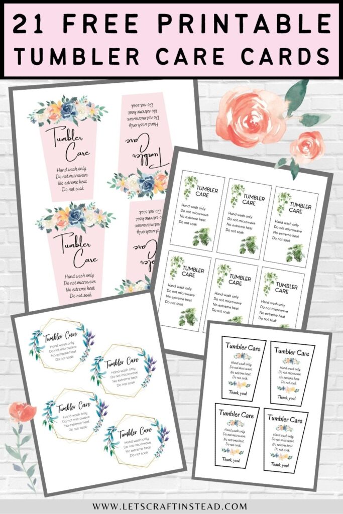 pinnable graphic with images of printable tumbler care cards including text overlay