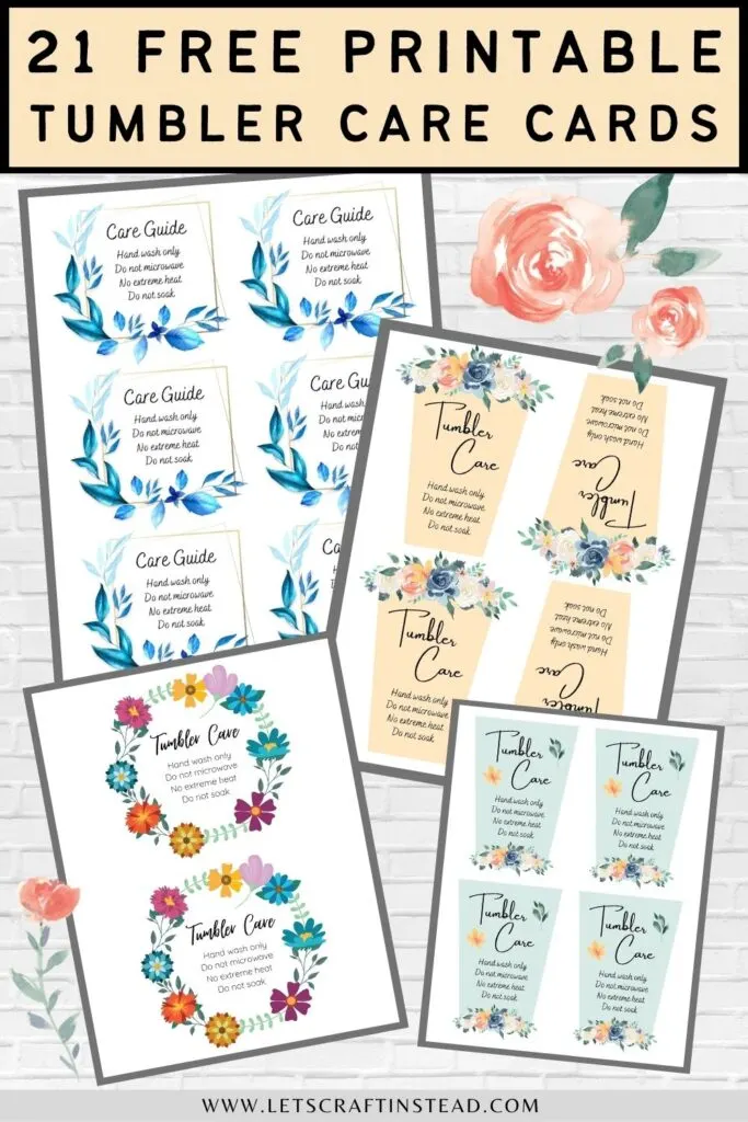 pinnable graphic with images of printable tumbler care cards including text overlay