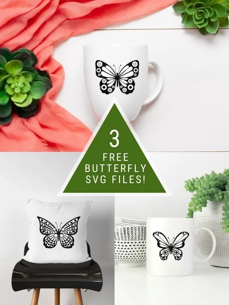 pinnable graphic about fancy butterfly free SVG files including text overlay and images of the butterflies