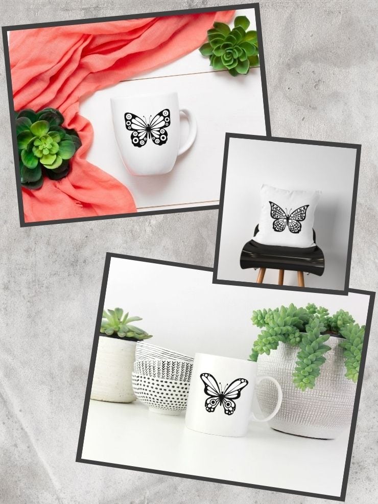 free Cricut butterfly SVG files mocked up on coffee cups and a pillow
