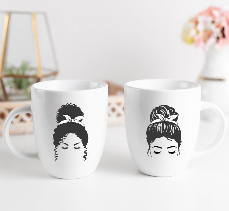 free messy bun svg files mocked up onto coffee cups
