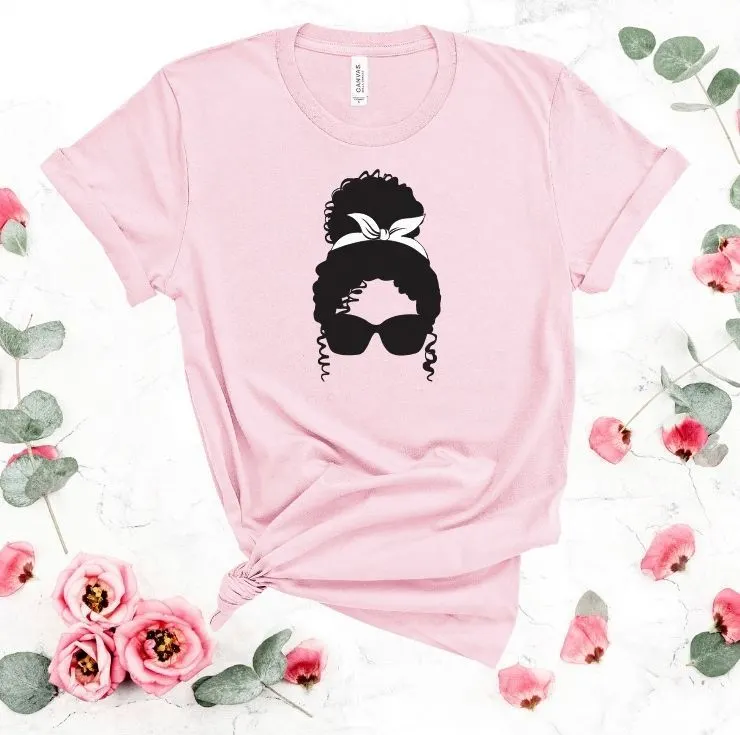 free messy bun svg file for black hair mocked up onto a t-shirt