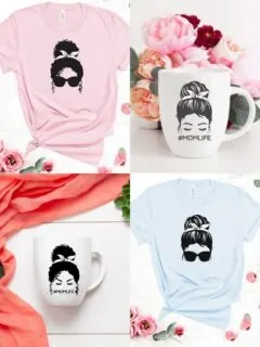 free messy bun svg files for black and white hair mocked up onto coffee cups and shirts