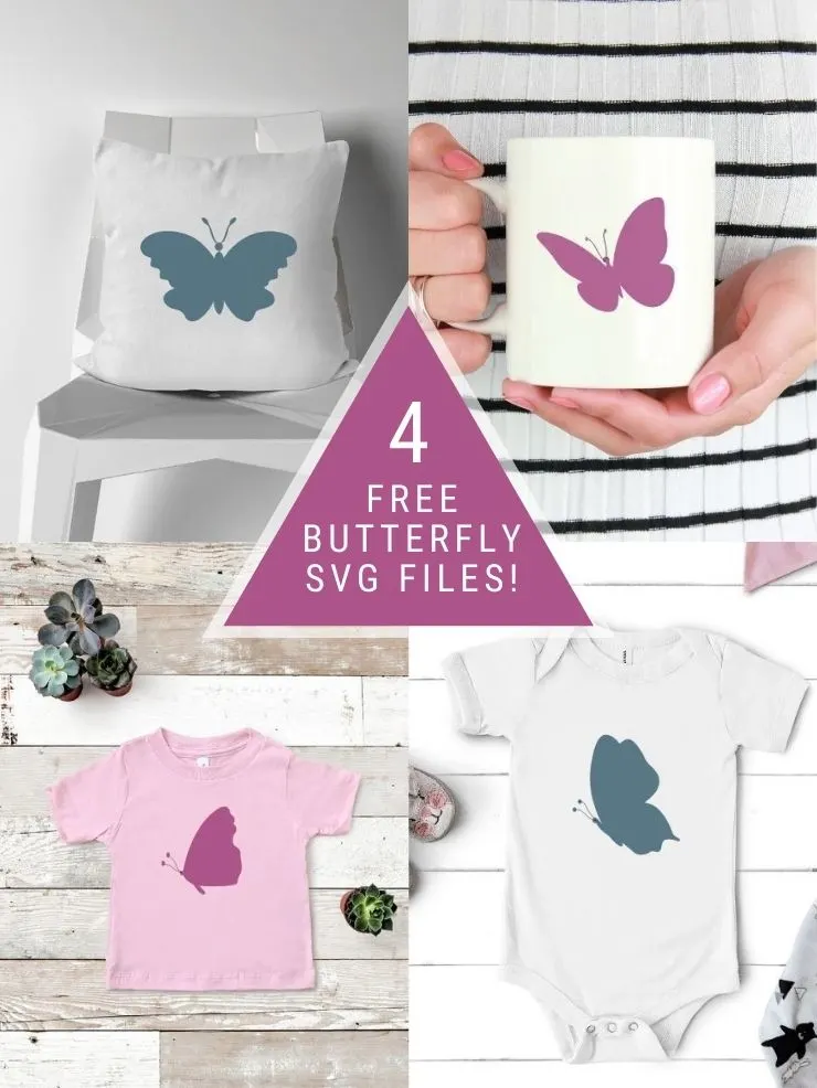 pinnable graphic about 4 simple butterfly svg files including images of the files mocked up with text overlay