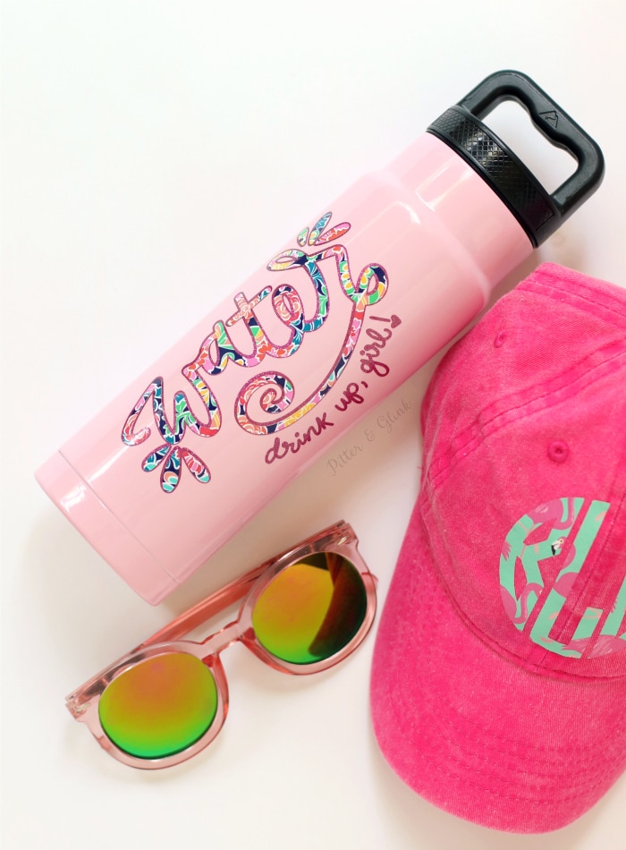 Hand lettered words on pink water bottle