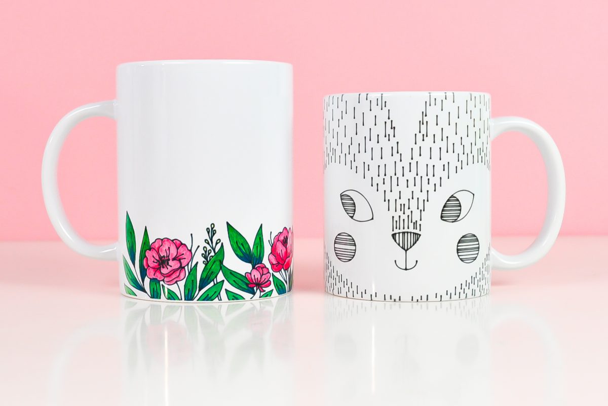 flowers and hedge hog design on mugs