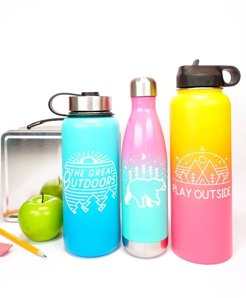 3 water bottles with bright ombre colors
