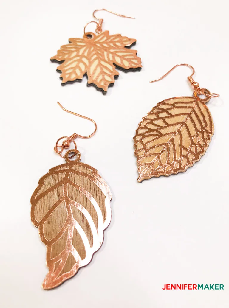 leaf shaped wood veneer earrings made with a Cricut Maker