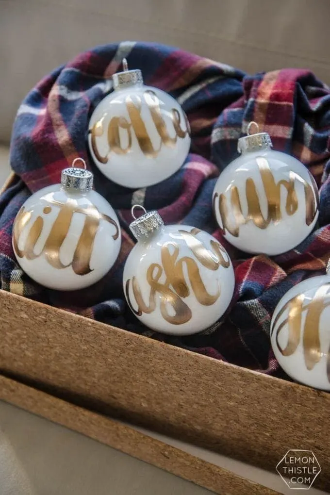 DIY hand lettered tree ornaments