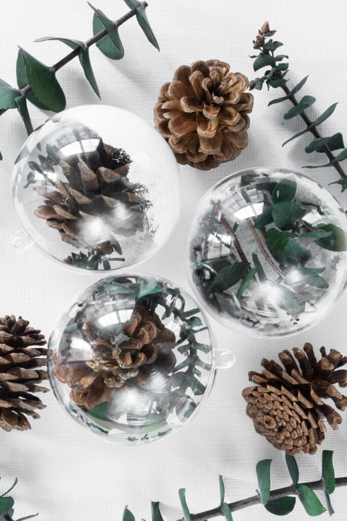 Clear Christmas Ornament Ideas using pinecones