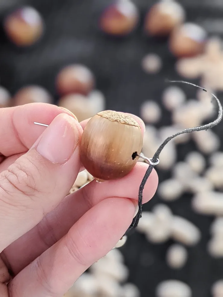 threading acorns onto a string to make a DIY fall garland