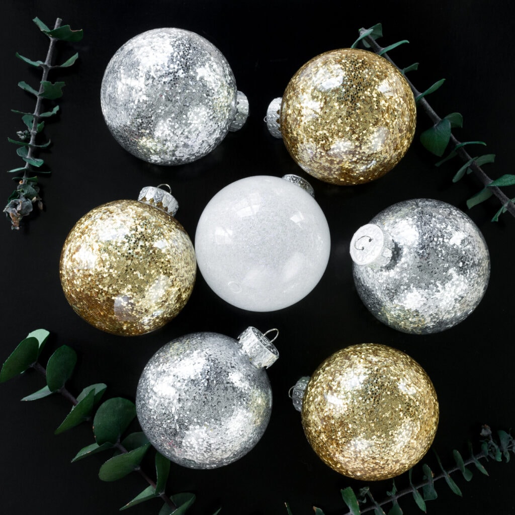 silver, gold, and white DIY glitter ornaments