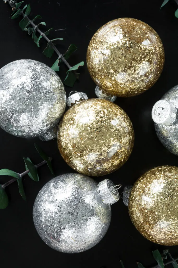 silver, gold, and white DIY glitter ornaments