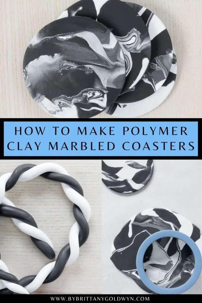 pinnable graphic about how to make DIY polymer clay coasters including images and text overlay