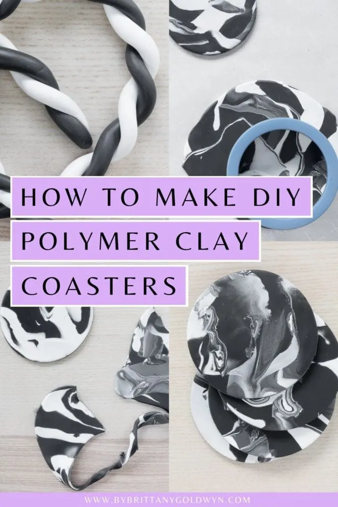 pinnable graphic about how to make DIY polymer clay coasters including images and text overlay