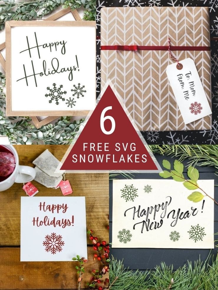 pinnable graphic about 6 free svg snowflakes including images of the files and text overlay