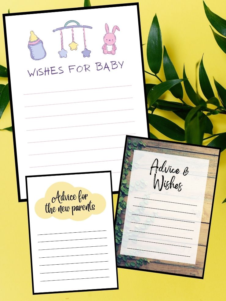 collage with screenshots of free printable baby shower advice cards