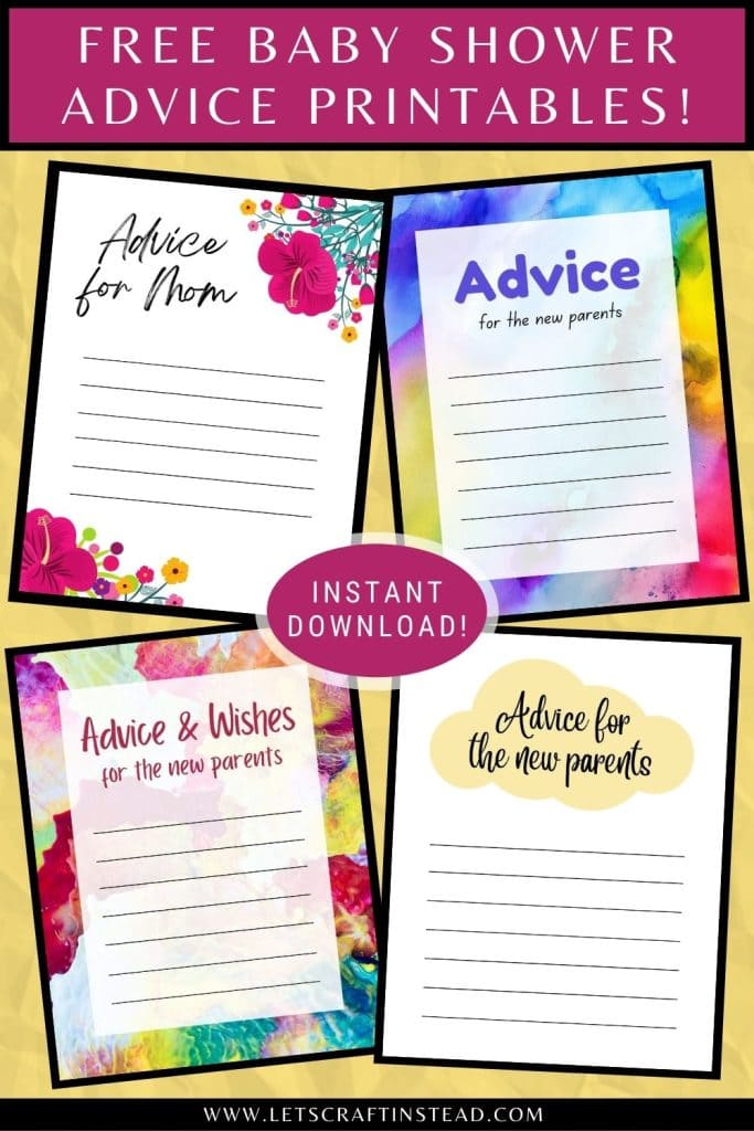 pinnable graphic with text that says free baby shower advice printables including screenshots of the printables