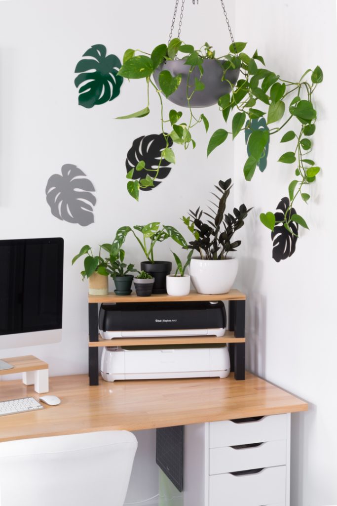 workspace with two Cricut machines and plants