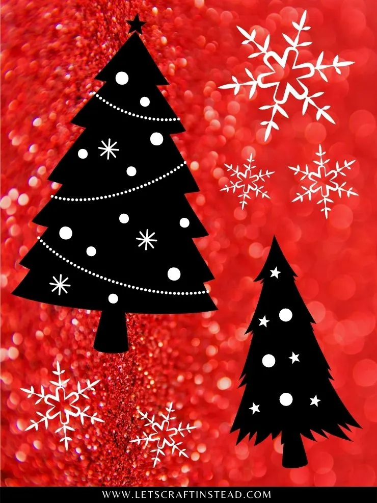 red sparkly background with snowflakes and black and white Christmas tree clip art files 