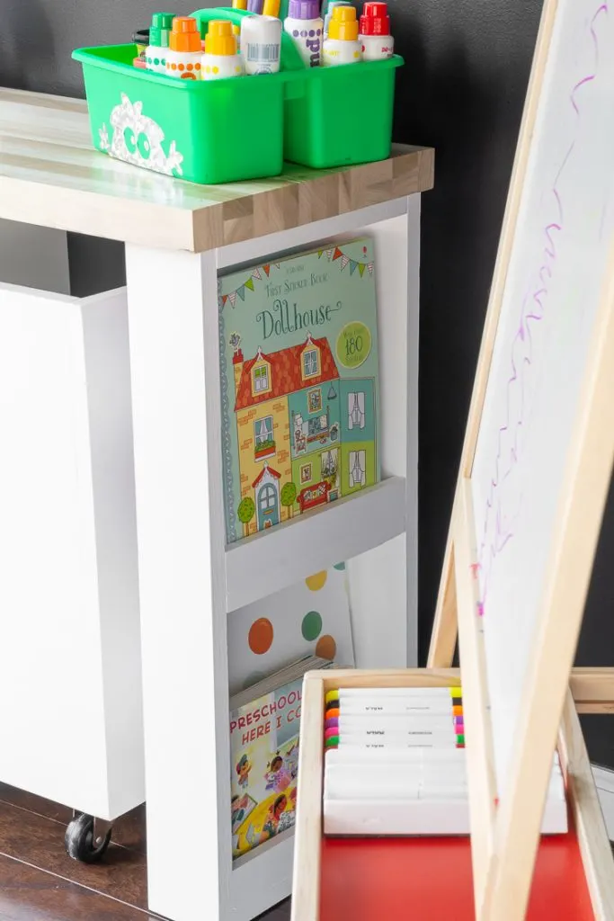 coloring book storage on the side of a kids desk