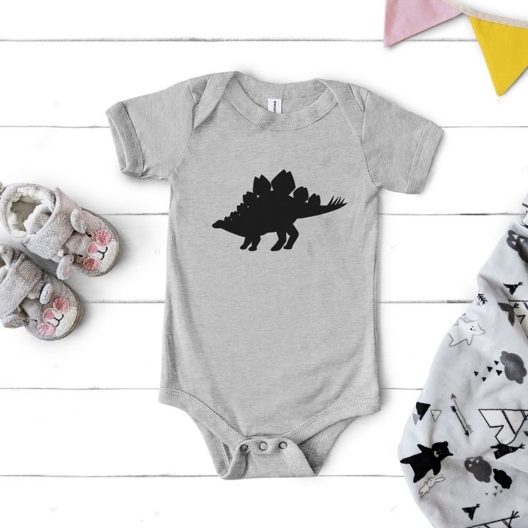 gray baby romper with a dinosaur on it