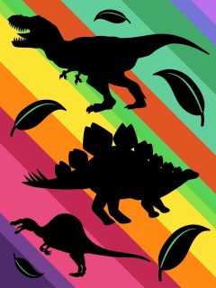 rainbow background with black silhouettes of dinosaurs and leaves