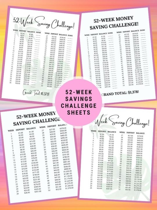 pinnable graphic about free 52-week printable savings trackers including images of the trackers