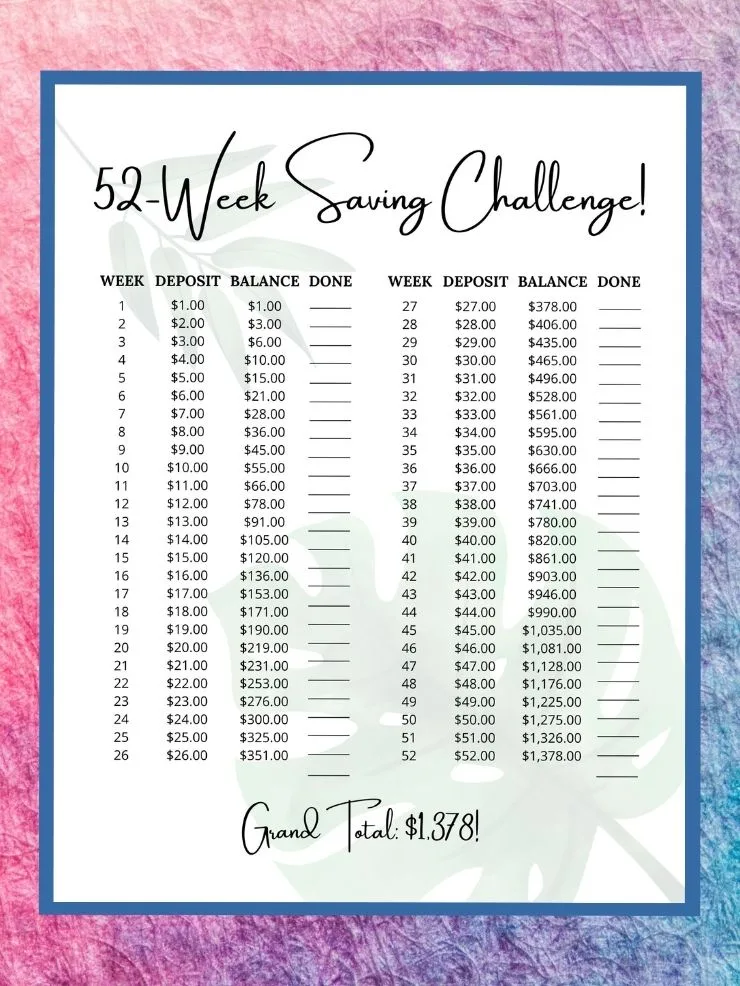 Free Printable 52 week Money Challenge Sheets instant Download 