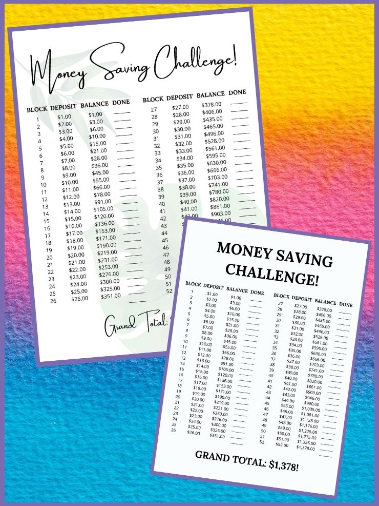 screenshots of the free printable 52-week savings trackers