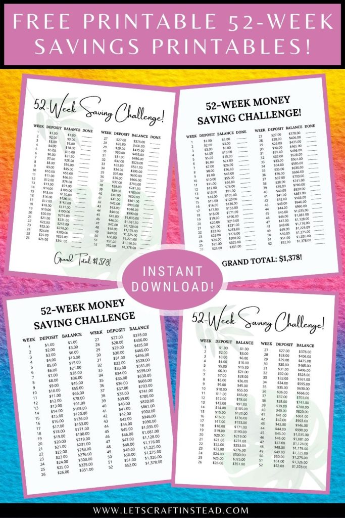 pinnable graphic about free 52-week printable savings trackers including images of the trackers