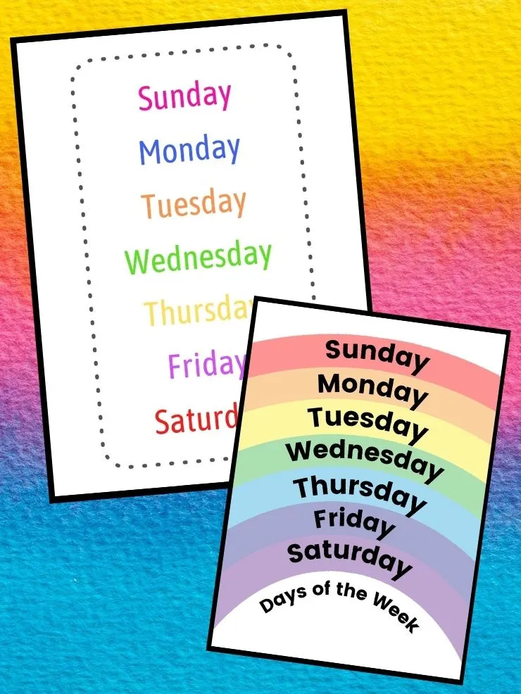 colorful graphic with screenshots of free days of the week printables