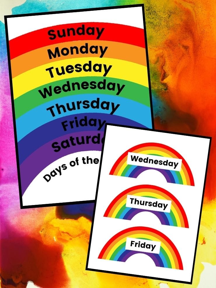 colorful graphic with screenshots of free days of the week printables