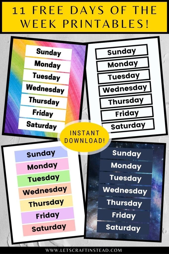 graphic that says 11 free days of the week printables including screenshots of the printables
