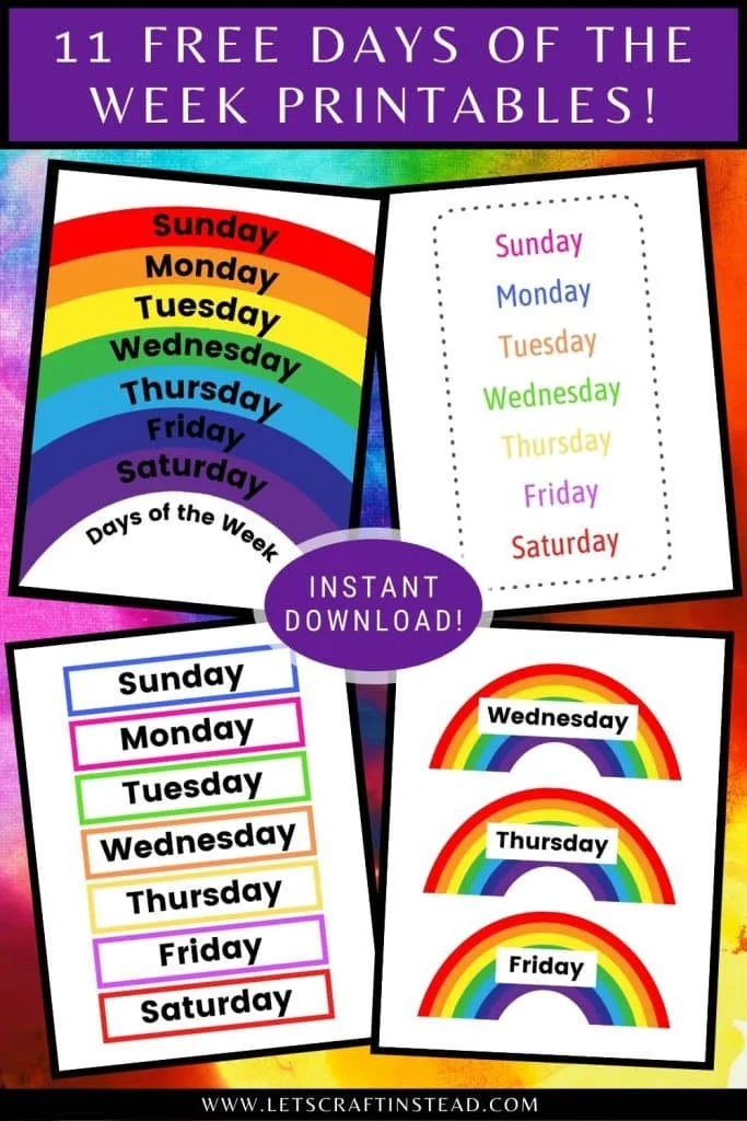 graphic that says 11 free days of the week printables including screenshots of the printables