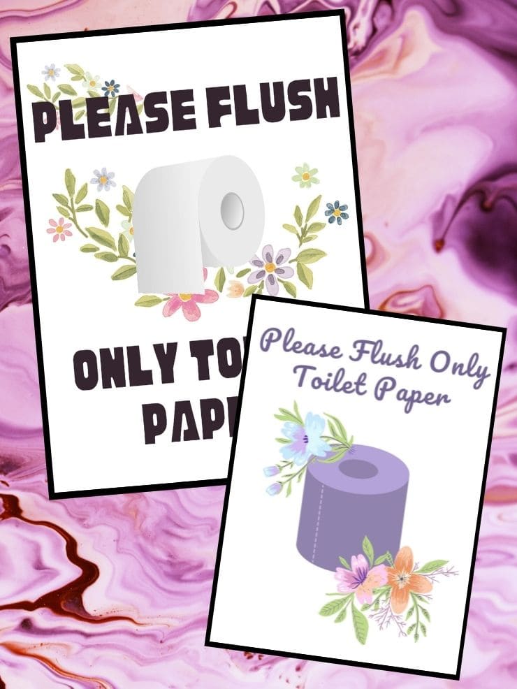 collage with screenshots of free printable do not flush signs