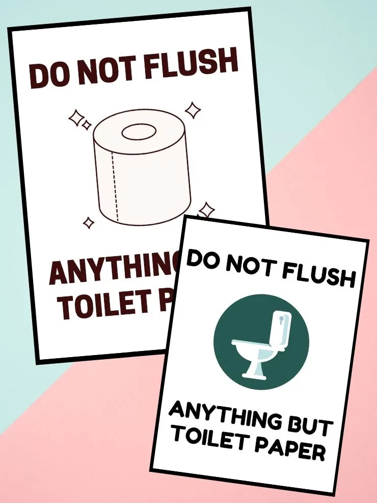 collage with screenshots of free printable do not flush signs